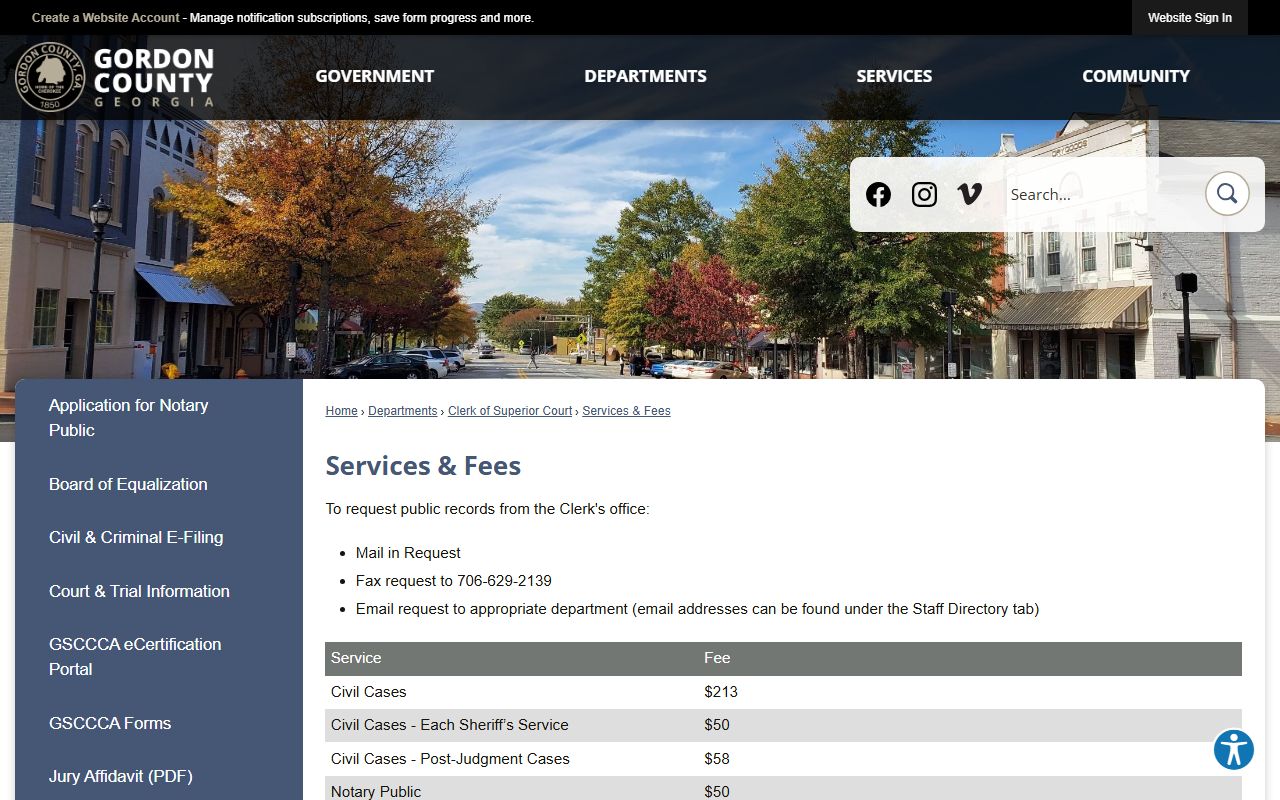 Gordon County Clerk of Superior Court services and fees
