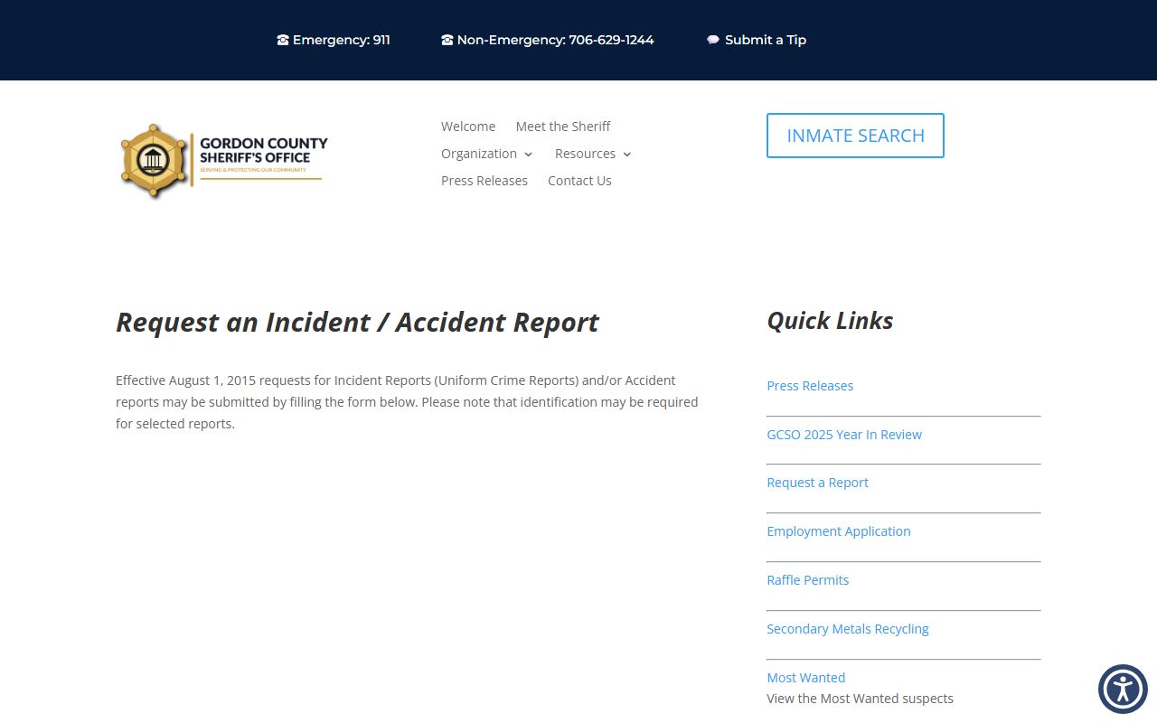 Gordon County arrest records sheriff incident accident report request