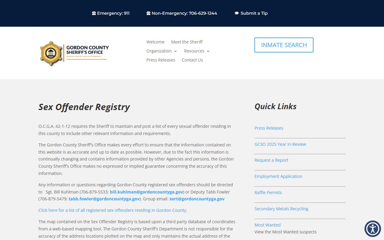 Gordon County arrest records sheriff sex offender registry