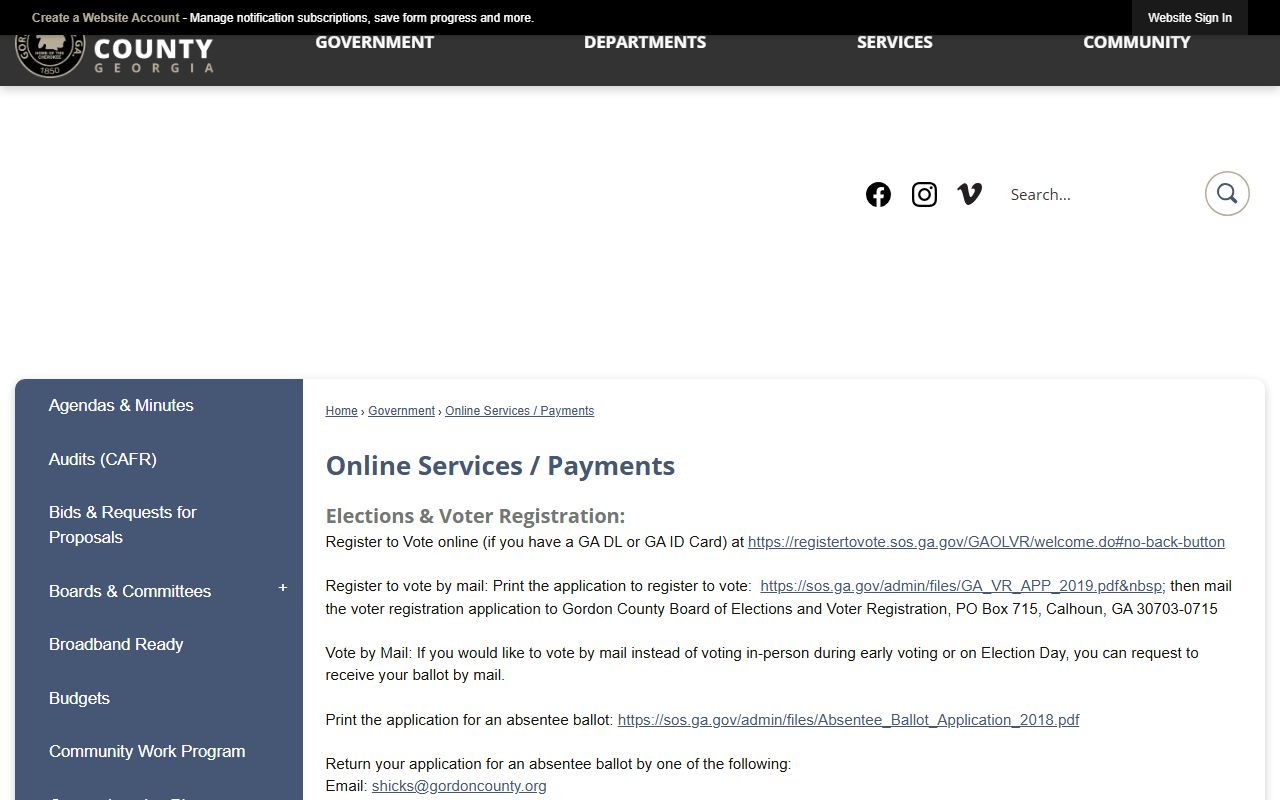 Gordon County court records online services and payments page