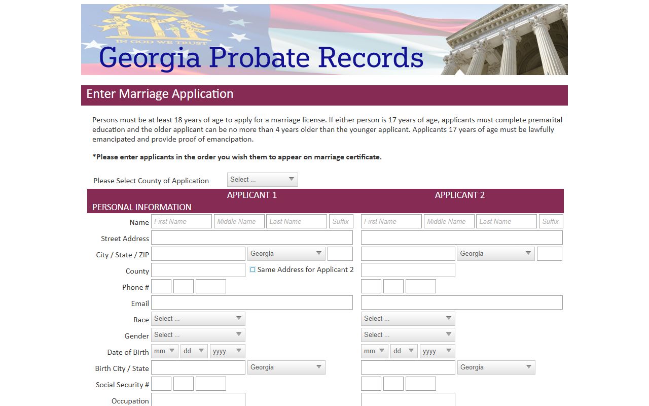 Gordon County marriage records Georgia Probate Records application