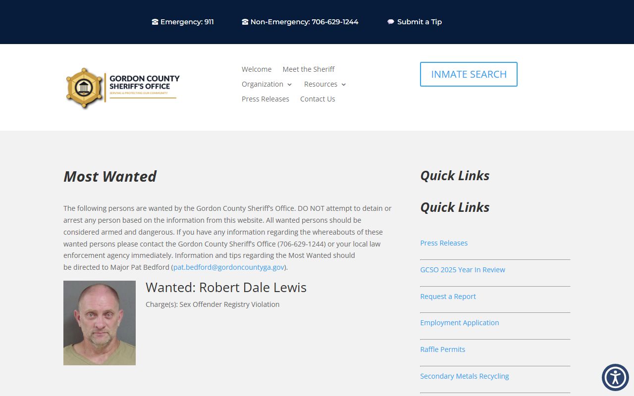 Gordon County warrant records Sheriff Most Wanted list