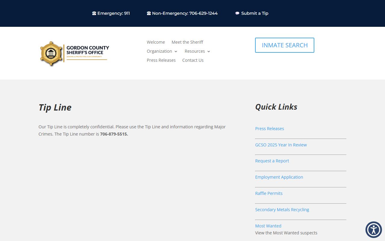 Gordon County warrant records Sheriff confidential tip line